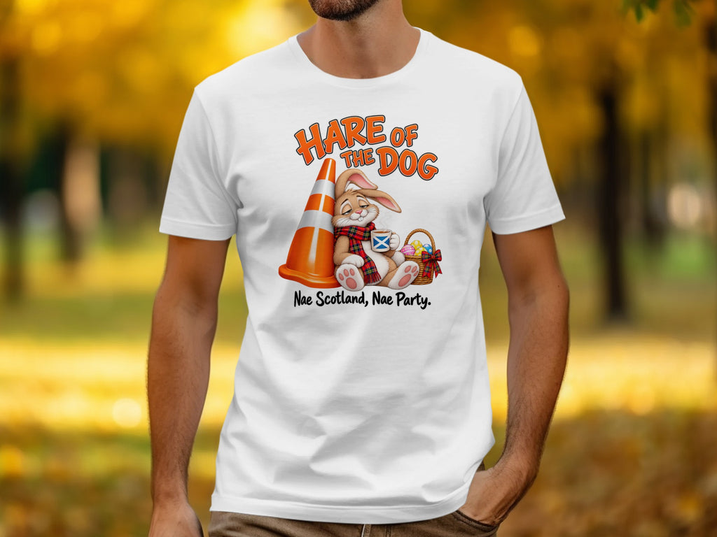 White t-shirt with cartoon hare, traffic cone, and Easter basket.