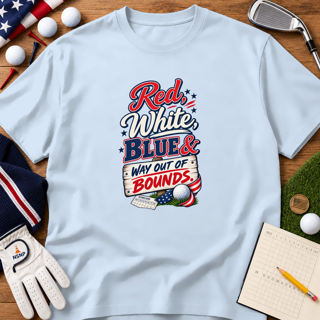 Light blue t-shirt featuring a golf-themed patriotic graphic surrounded by golf equipment on wood.