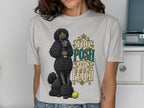 Black poodle wearing a crown and necklace with text "Too Posh To Fetch".