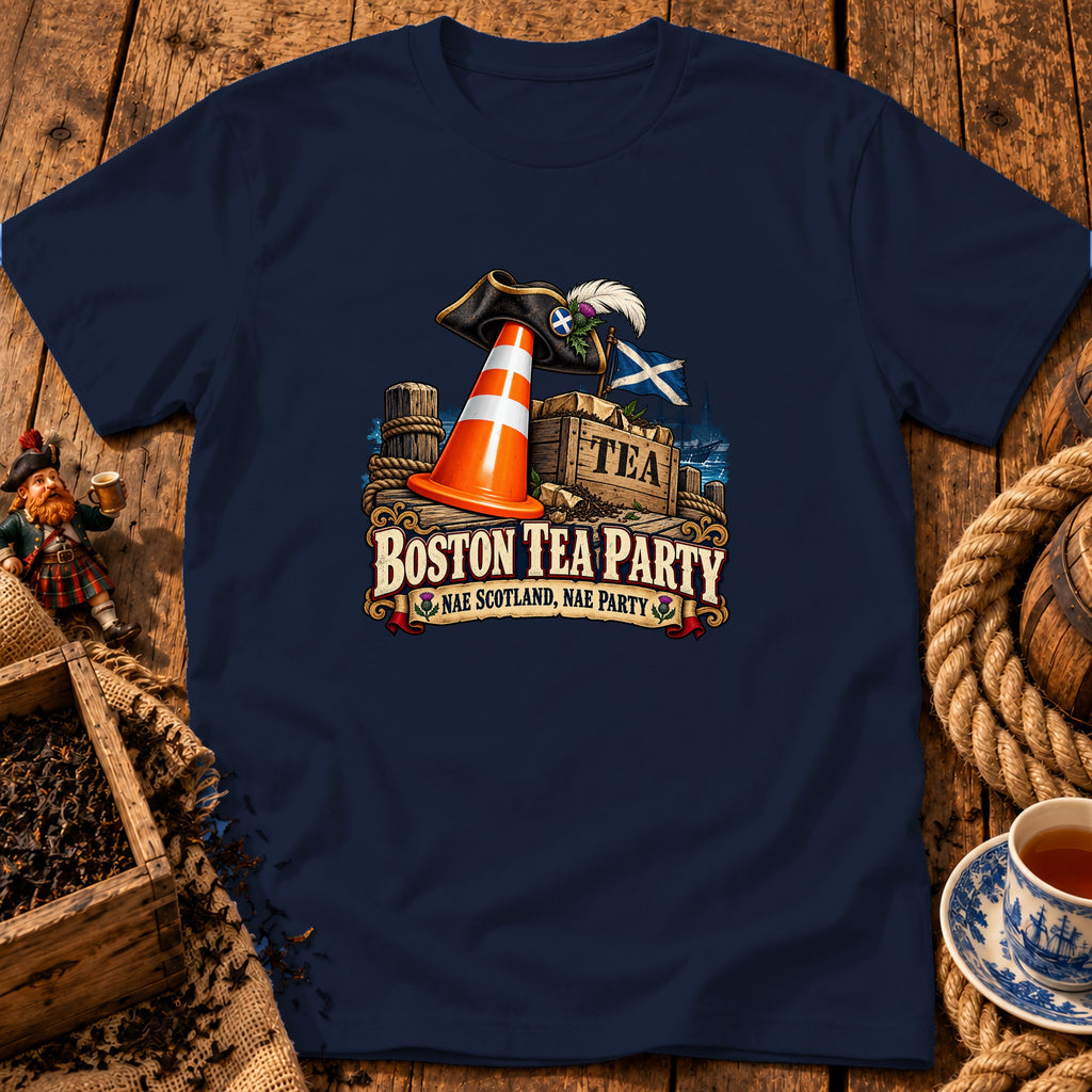 Navy blue t-shirt featuring a graphic with a traffic cone, a crate of tea, and text reading "Boston Tea Party, Nae Scotland, Nae Party".