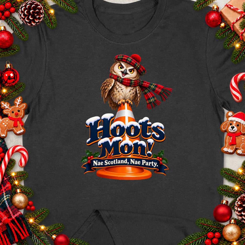 Owl in Scottish hat and scarf on traffic cone, text reads "Hoots Mon! Nae Scotland, Nae Party."