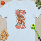 Light blue t-shirt with a poodle graphic saying "Curls Before Rules".