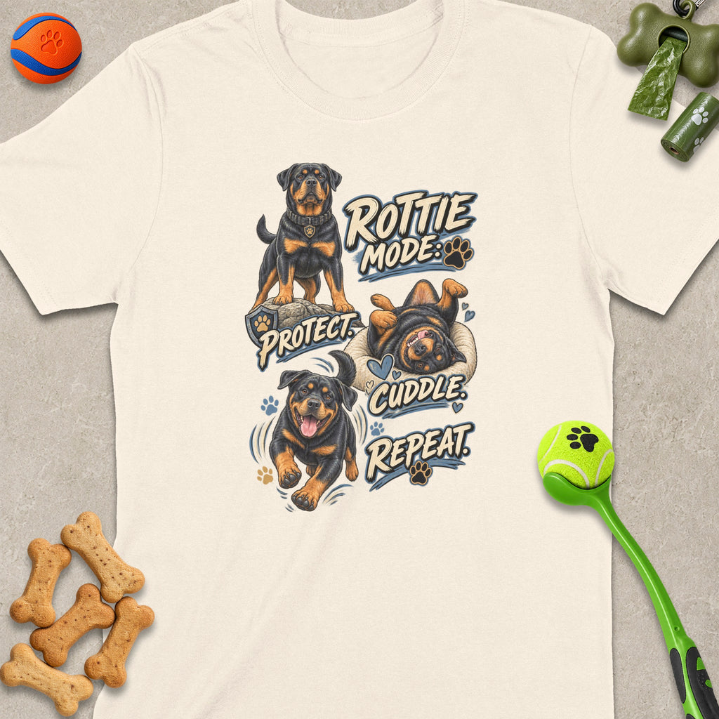 T-shirt with Rottweilers in "Rottie Mode: Protect Cuddle Repeat" graphic.