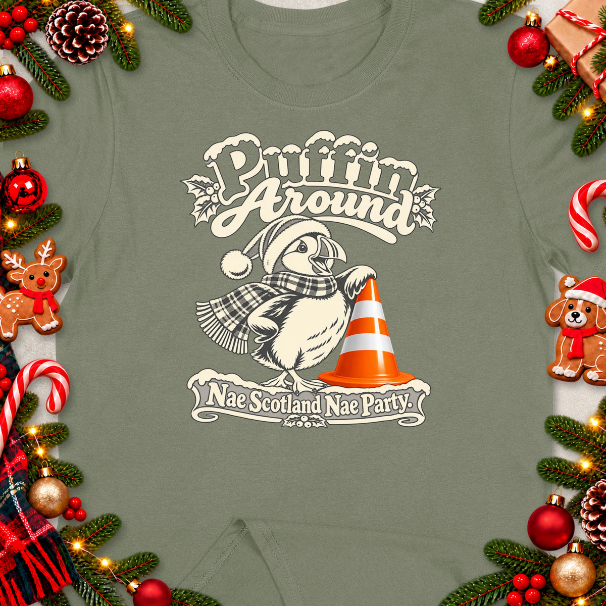Puffin wearing a Santa hat and scarf, with "Puffin Around" and "Nae Scotland Nae Party" text.