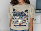 T-shirt graphic with Hollywood skyline, palm trees, and text "Nae Scotland Nae Party".