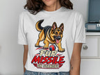German Shepherd on white t-shirt with "Fur Missile On Standby" text.