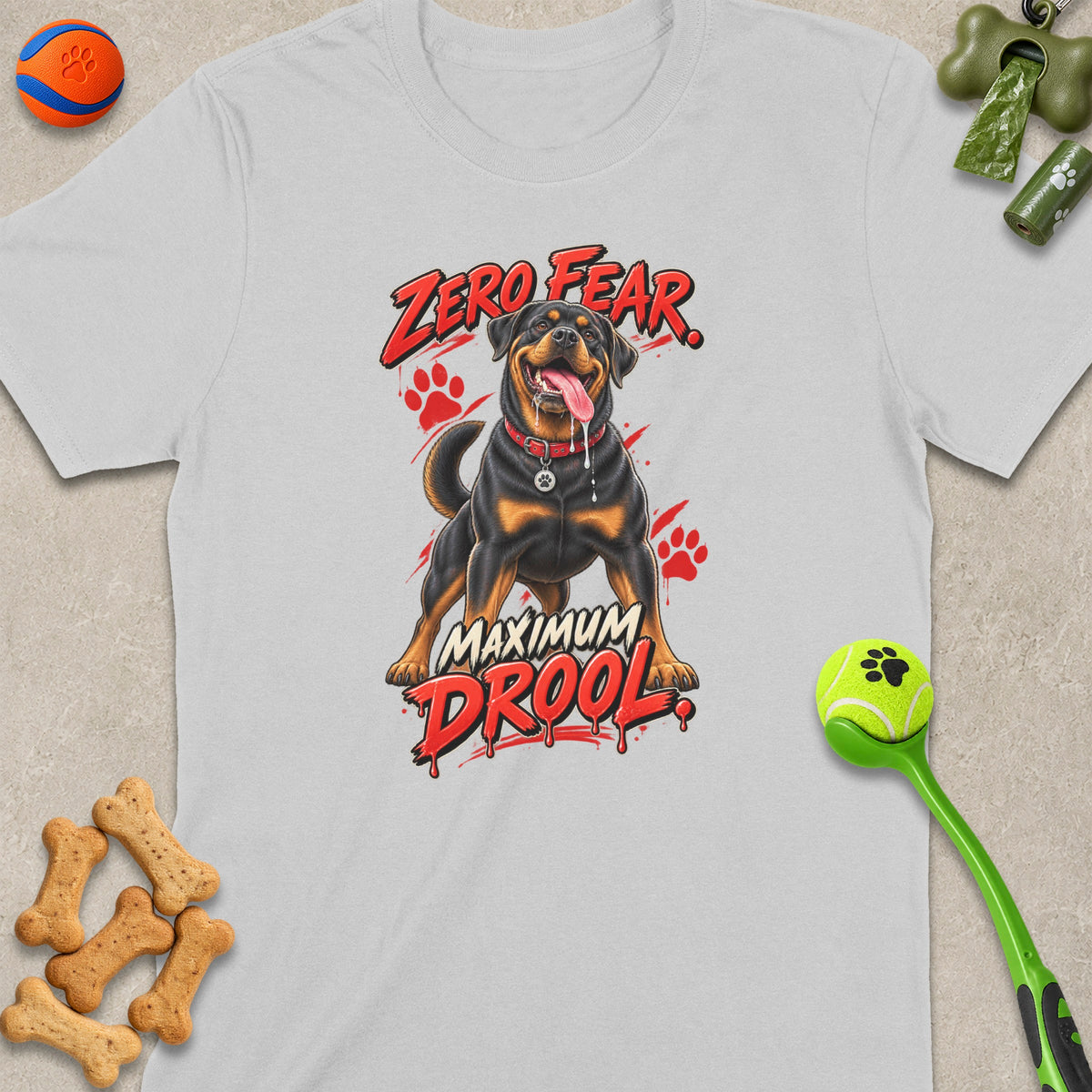 T-shirt with Rottweiler graphic and text "Zero Fear Maximum Drool."