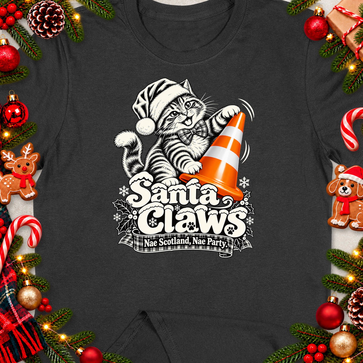 Dark t-shirt with a tabby cat wearing a Santa hat, holding an orange cone, and text "Santa Claws".