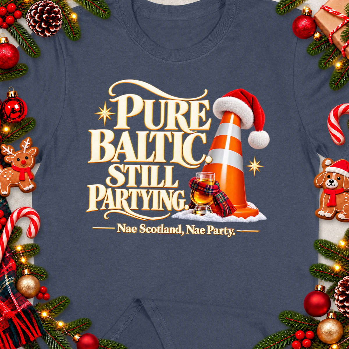 T-shirt with "Pure Baltic Still Partying" text, traffic cone, whiskey glass, and Christmas decor.