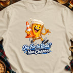Beer character holding traffic cone with text "One Fur the Road? Nae Chance."