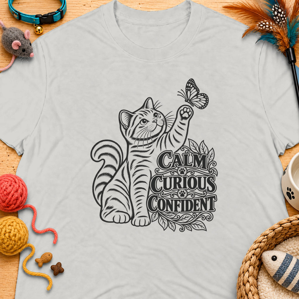 T-shirt with a tabby cat reaching for a butterfly and text reading "CALM CURIOUS CONFIDENT".