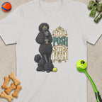 Black poodle wearing crown and jewels with text "Too Posh To Fetch".