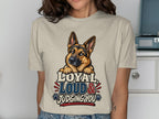 German Shepherd graphic on beige t-shirt reads "Loyal, Loud & Judging You".