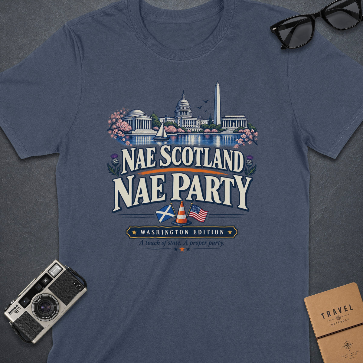 T-shirt with Washington landmarks, "Nae Scotland Nae Party," and flags.