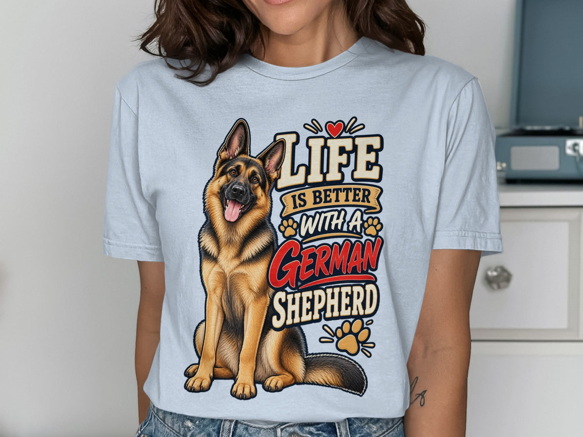 Light blue t-shirt with a German Shepherd graphic and text.