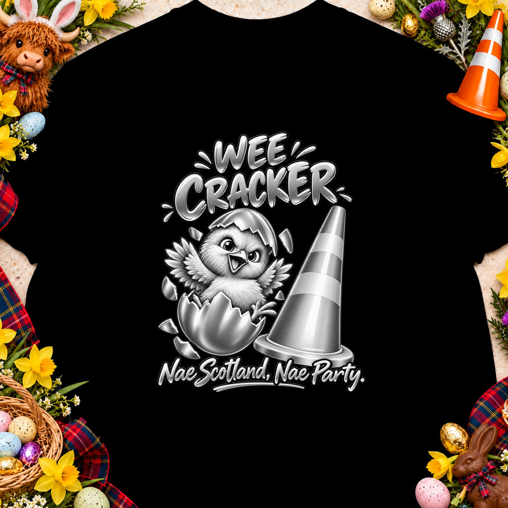 A chick hatching from an egg next to a traffic cone with "Wee Cracker" and "Nae Scotland, Nae Party." text.
