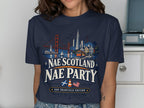 Navy t-shirt with San Francisco skyline graphic and "Nae Scotland Nae Party" text.