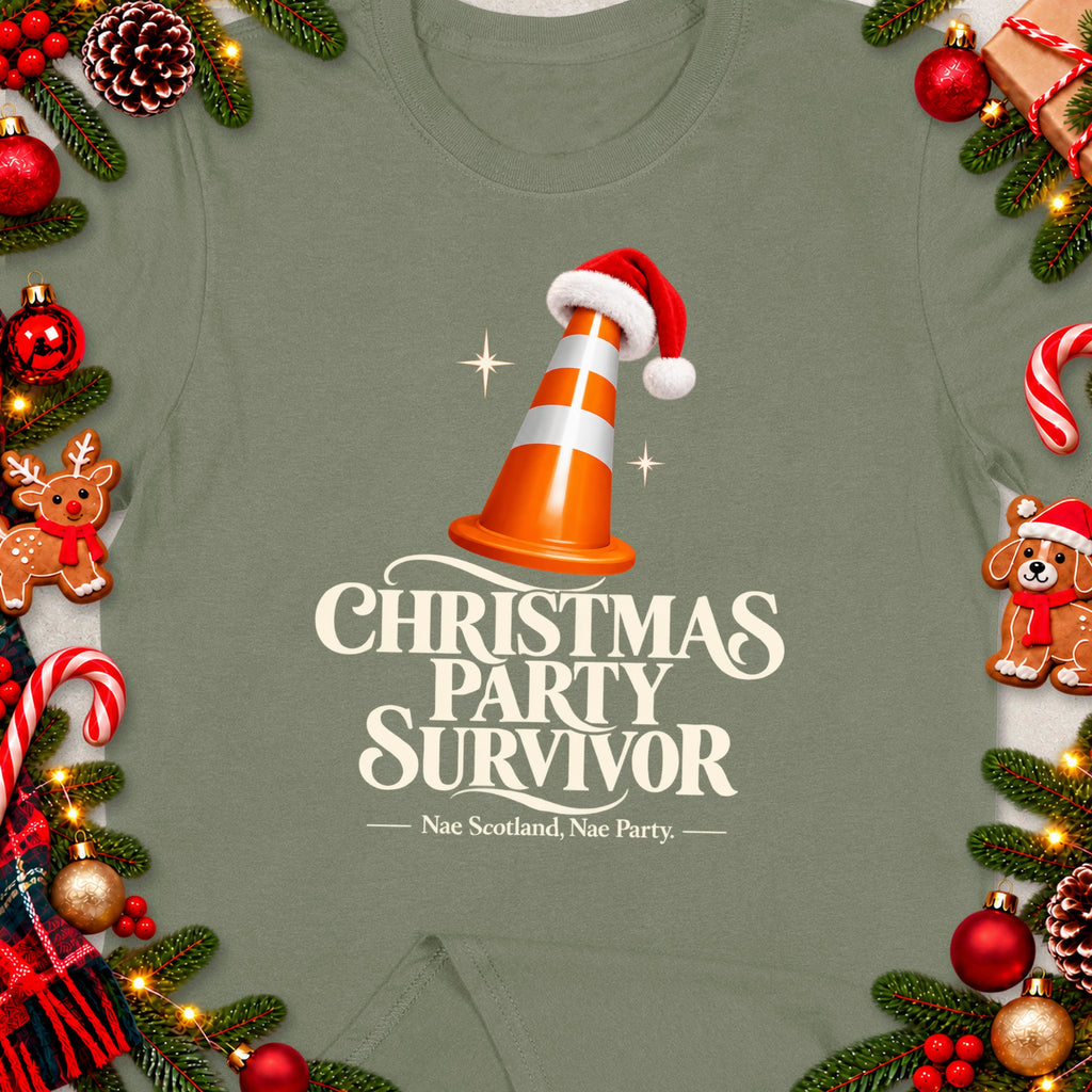 Christmas Party Survivor t-shirt with a cone wearing a Santa hat.