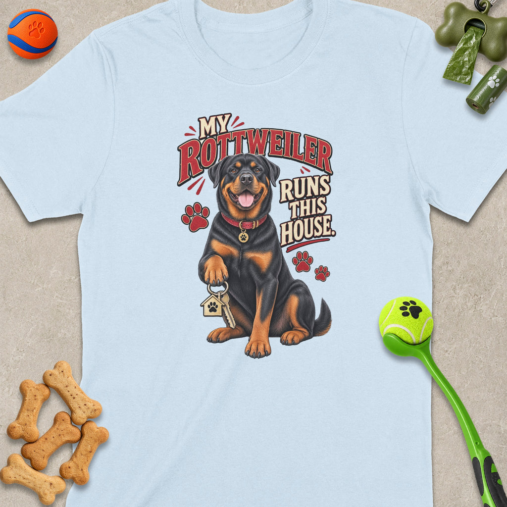 Light blue t-shirt with Rottweiler illustration saying "My Rottweiler Runs This House".