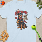 Light blue t-shirt with Rottweiler illustration saying "My Rottweiler Runs This House".