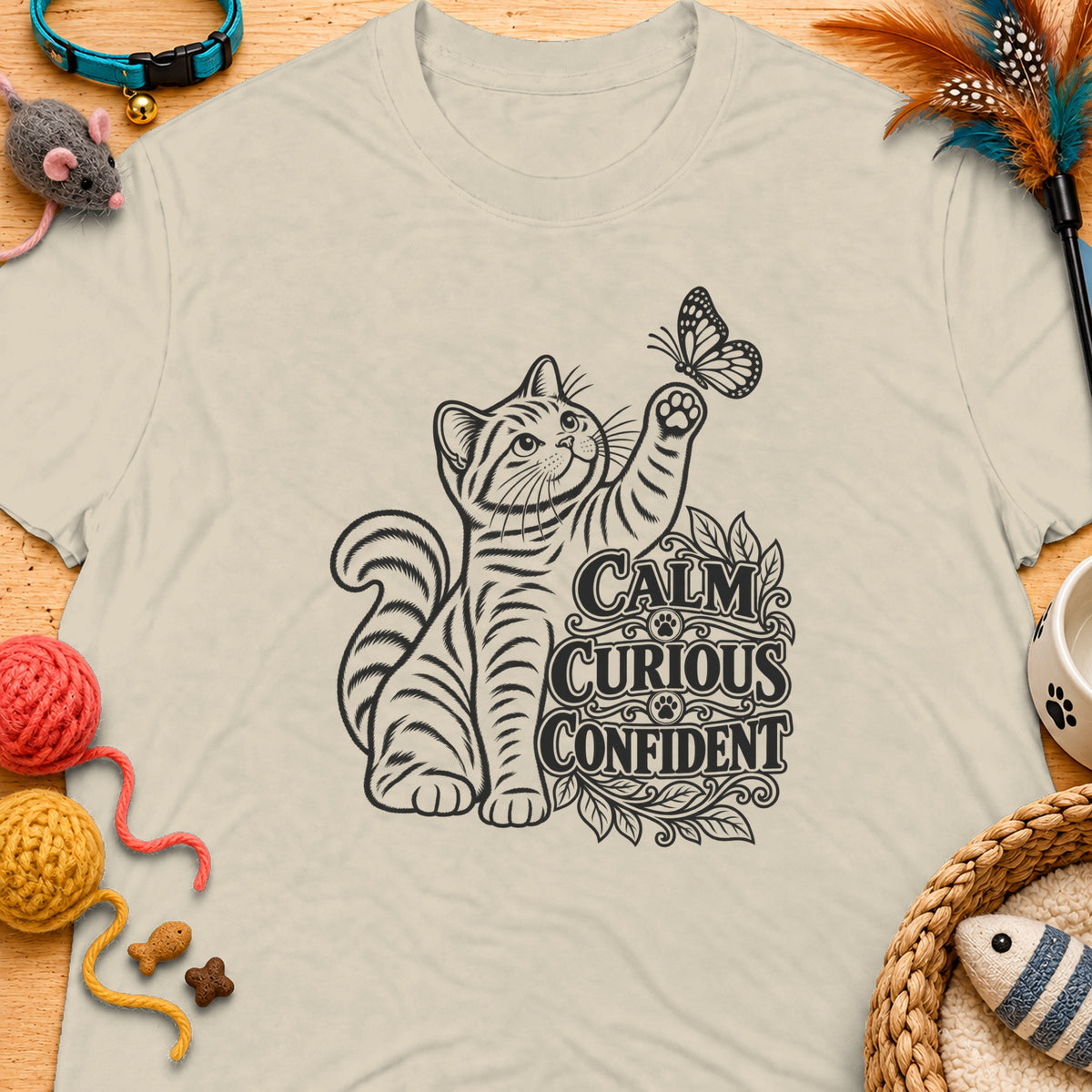 T-shirt with graphic of a kitten reaching for a butterfly and text "Calm Curious Confident".