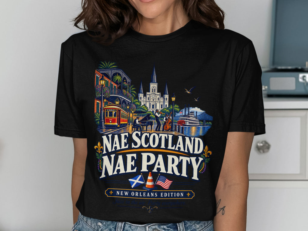 T-shirt graphic with New Orleans scene, band, text "Nae Scotland Nae Party" and "New Orleans Edition".