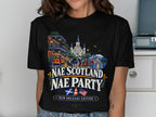 T-shirt graphic with New Orleans scene, band, text "Nae Scotland Nae Party" and "New Orleans Edition".