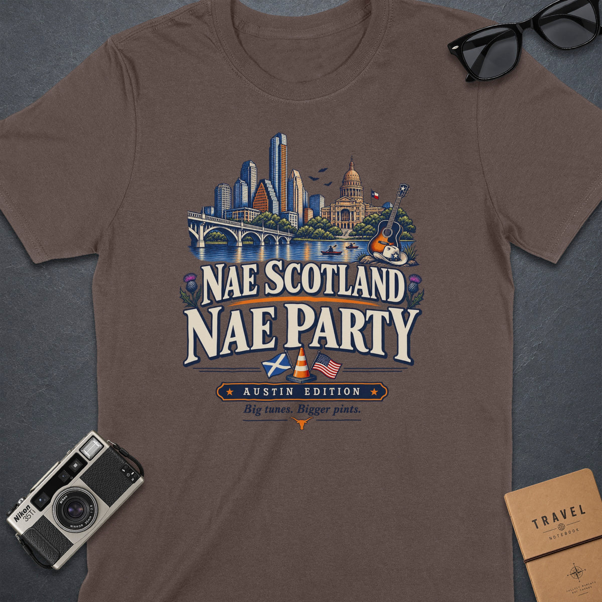 T-shirt with Austin skyline graphic, Nae Scotland Nae Party text, and Texas Longhorn.
