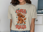 T-shirt graphic with a poodle and text that reads "Curls Before Rules".
