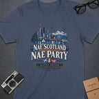 T-shirt with "Nae Scotland Nae Party Seattle Edition" text and Seattle skyline illustration.