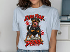 Light blue t-shirt with a Rottweiler graphic and the text "ZERO FEAR, MAXIMUM DROOL".