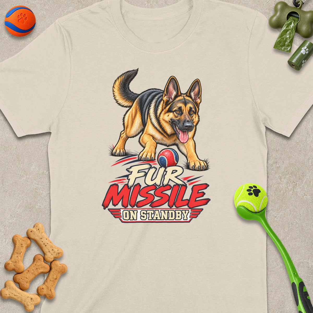 German Shepherd with "Fur Missile On Standby" text and dog toys.