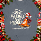 T-shirt with "Nae Sleigh. Nae Problem." and a traffic cone on a sleigh.