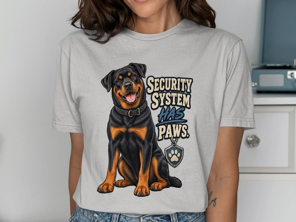 Rottweiler on a grey t-shirt with "Security System Has Paws" text.