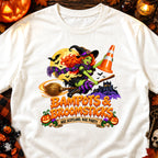 Witch riding broom with traffic cone, text reads "Bampots & Broomsticks Nae Scotland, Nae Party."