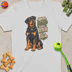 White t-shirt with Rottweiler illustration and text "I work hard so my Rottie can judge me."