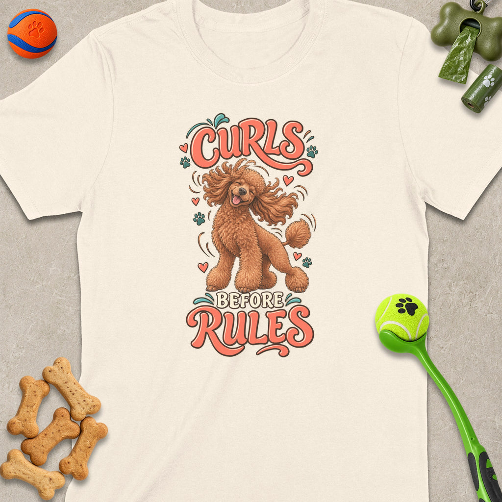Cream t-shirt with brown poodle graphic and text "Curls Before Rules".