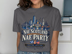 T-shirt with "Nae Scotland Nae Party Boston Edition" text and city skyline.