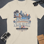 T-shirt graphic with Miami skyline, palm trees, and text "Nae Scotland Nae Party Miami Edition."