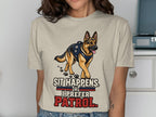 German Shepherd in K9 vest on shirt with text "Sit Happens. I Prefer Patrol."