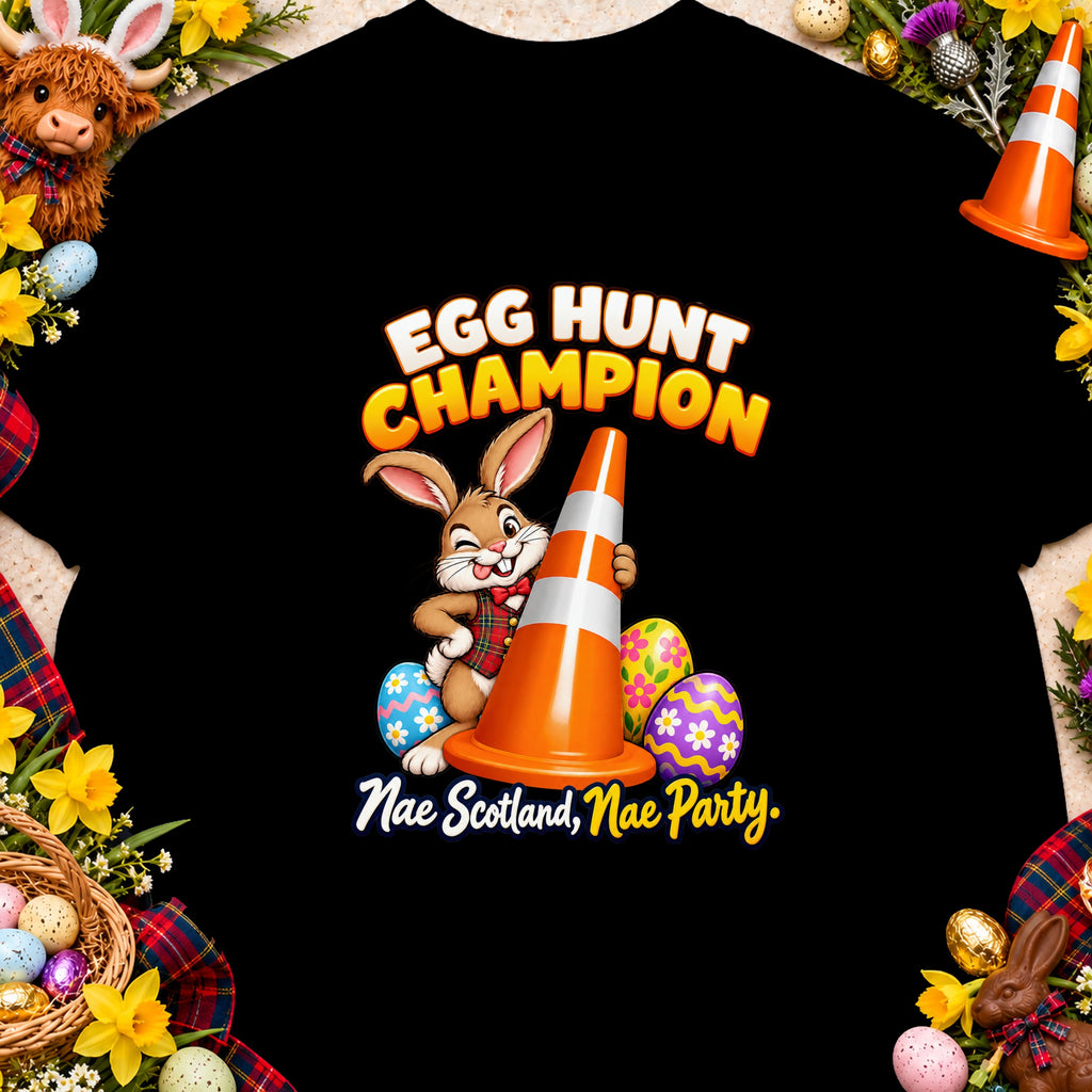 Cartoon bunny holds orange traffic cone with "Egg Hunt Champion" text and colorful Easter eggs.