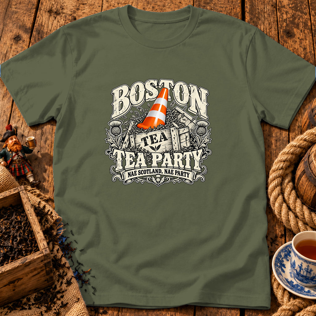 Olive green t-shirt with a graphic of a traffic cone in a tea crate and Boston Tea Party text.