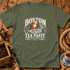 Olive green t-shirt with a graphic of a traffic cone in a tea crate and Boston Tea Party text.