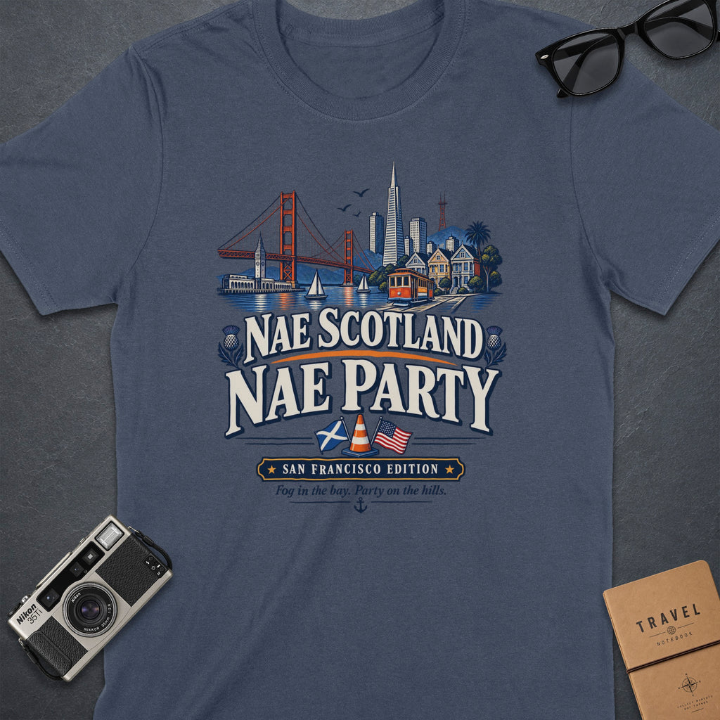 T-shirt with San Francisco skyline, Golden Gate Bridge, cable car, and Scottish/US flags.