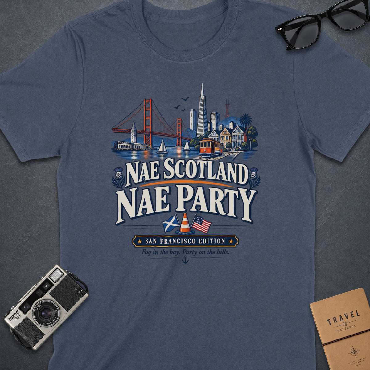 T-shirt with San Francisco skyline, Golden Gate Bridge, cable car, and Scottish/US flags.