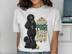 Black poodle wearing crown and jewelry, with "Too Posh To Fetch" text.