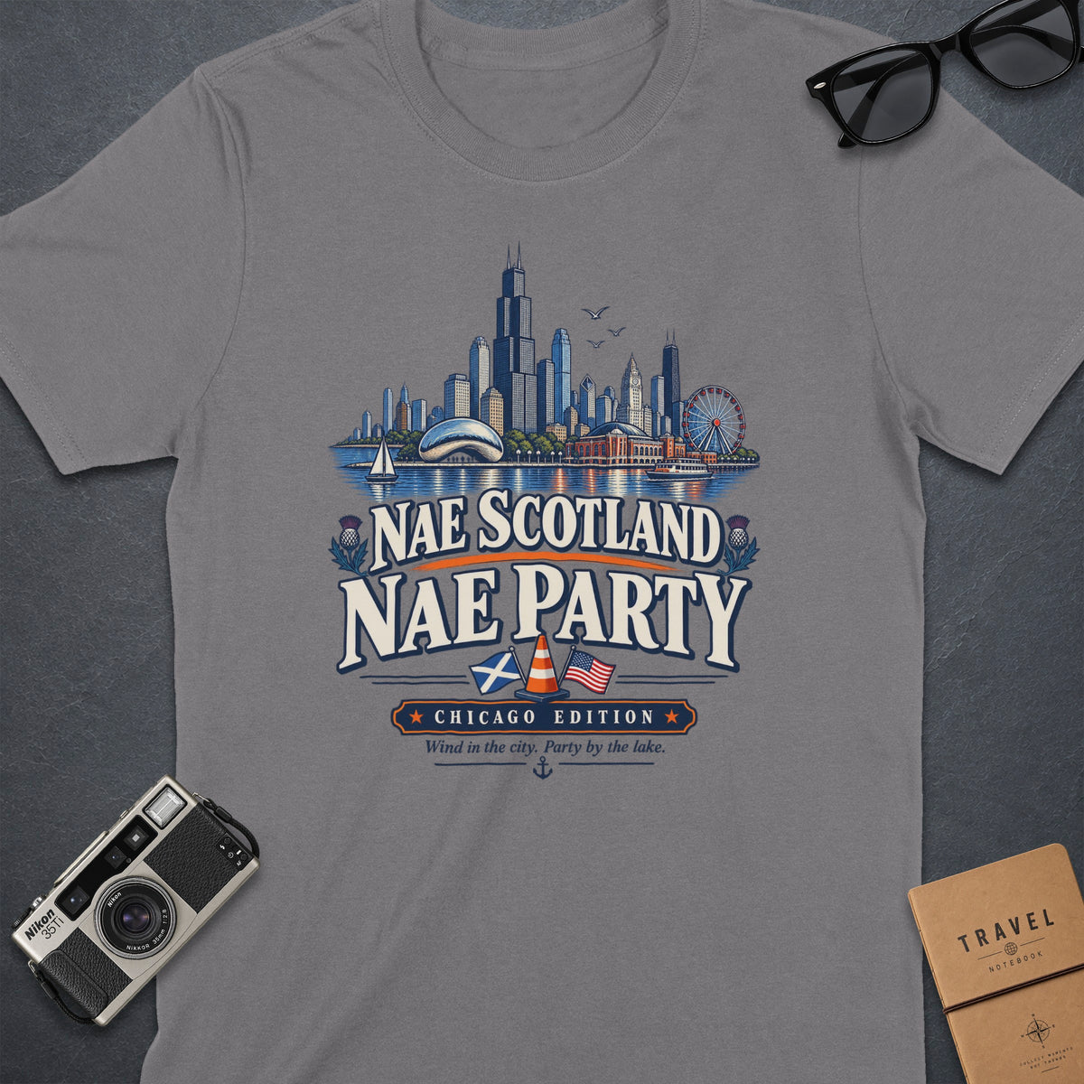 Chicago Edition t-shirt with skyline, Scottish and American flags, and text.