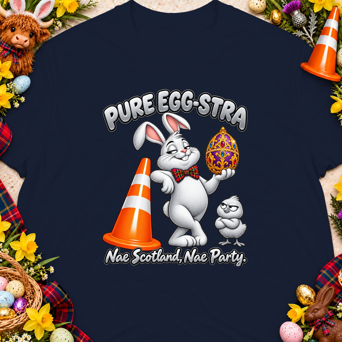 Easter bunny, chick, traffic cone, and text "Pure Egg-stra" and "Nae Scotland, Nae Party."