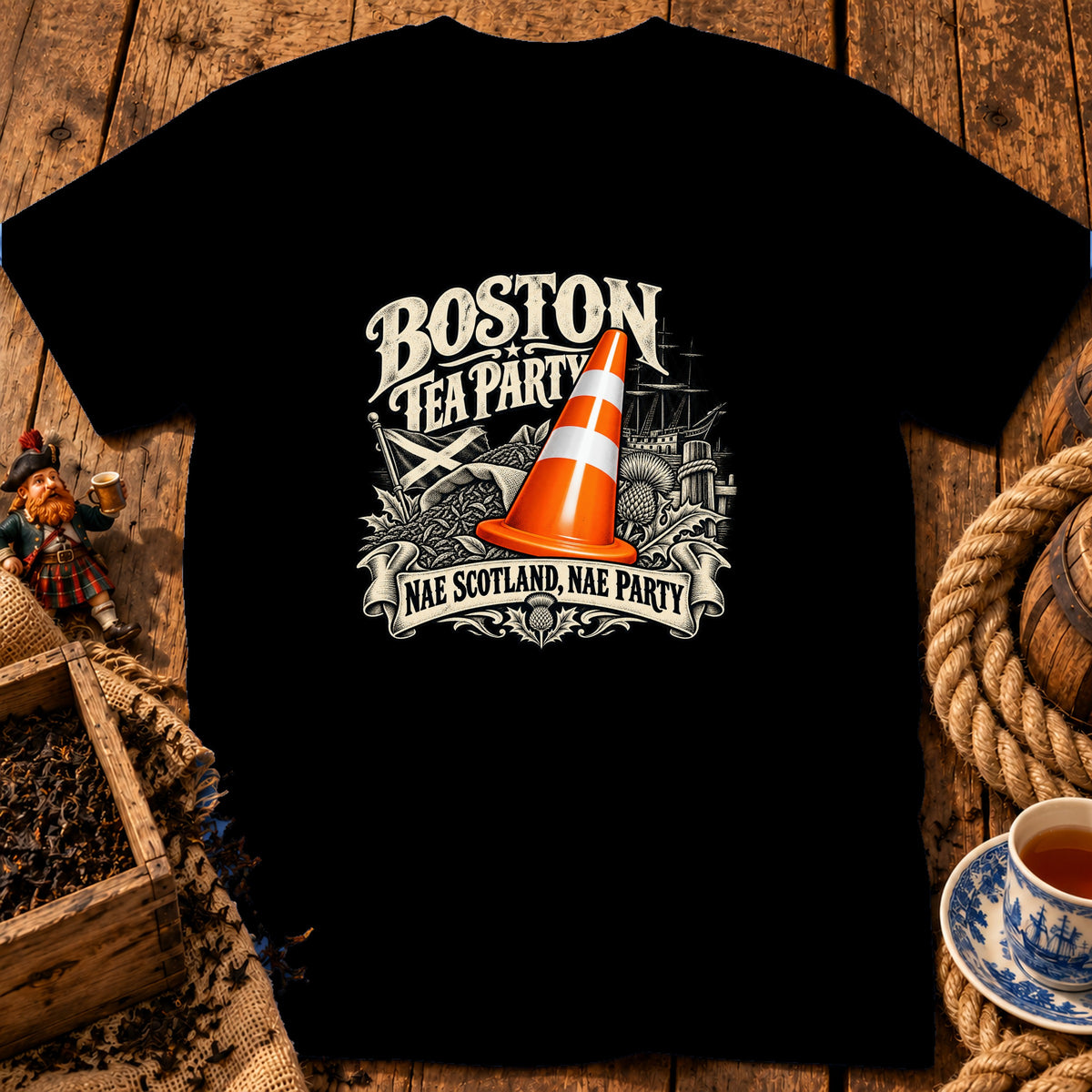 Black t-shirt featuring a Boston Tea Party graphic with a traffic cone and Scottish flag.