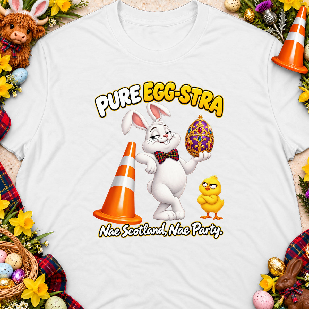White t-shirt with cartoon rabbit holding ornate egg, text "PURE EGG-STRA Nae Scotland, Nae Party."